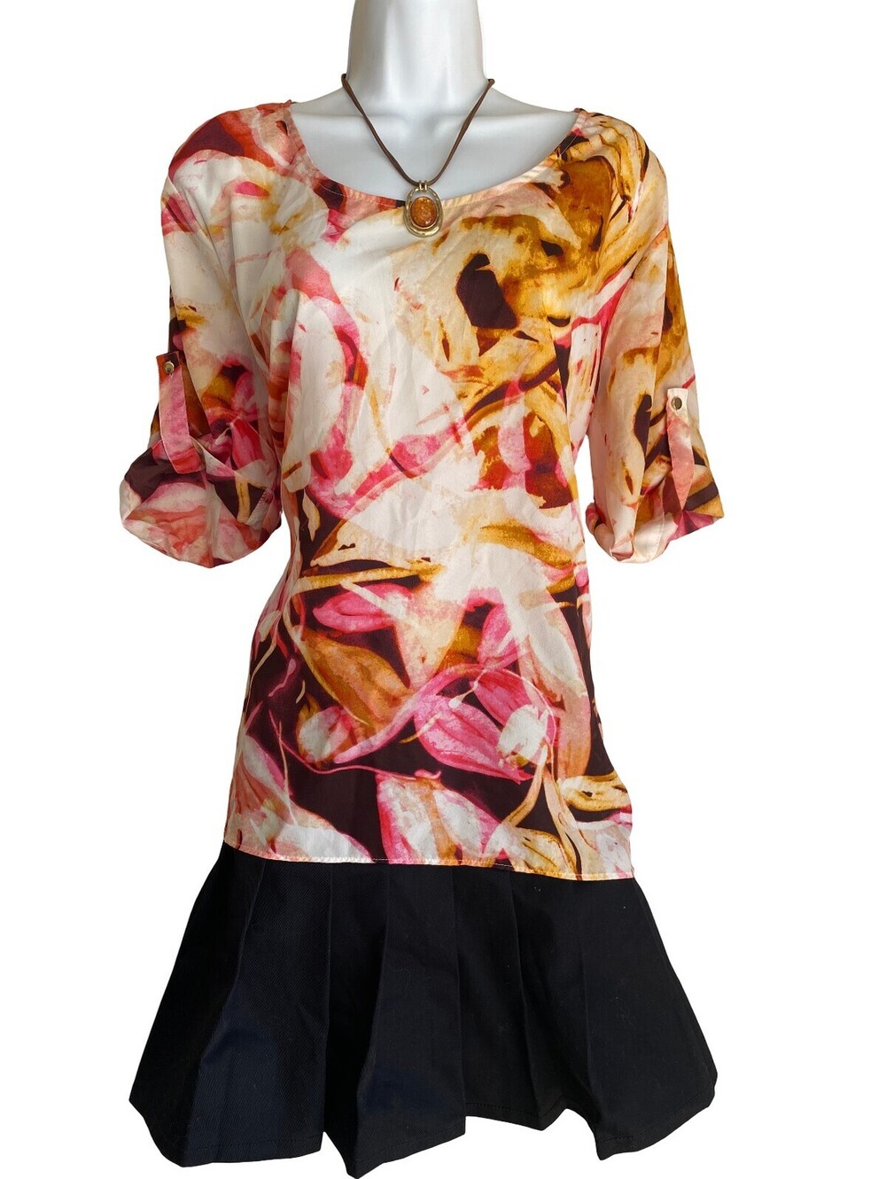 Vintage Jennifer Lopez Plus XL Abstract Floral Tunic Blouse Pink Gold Boho Artsy